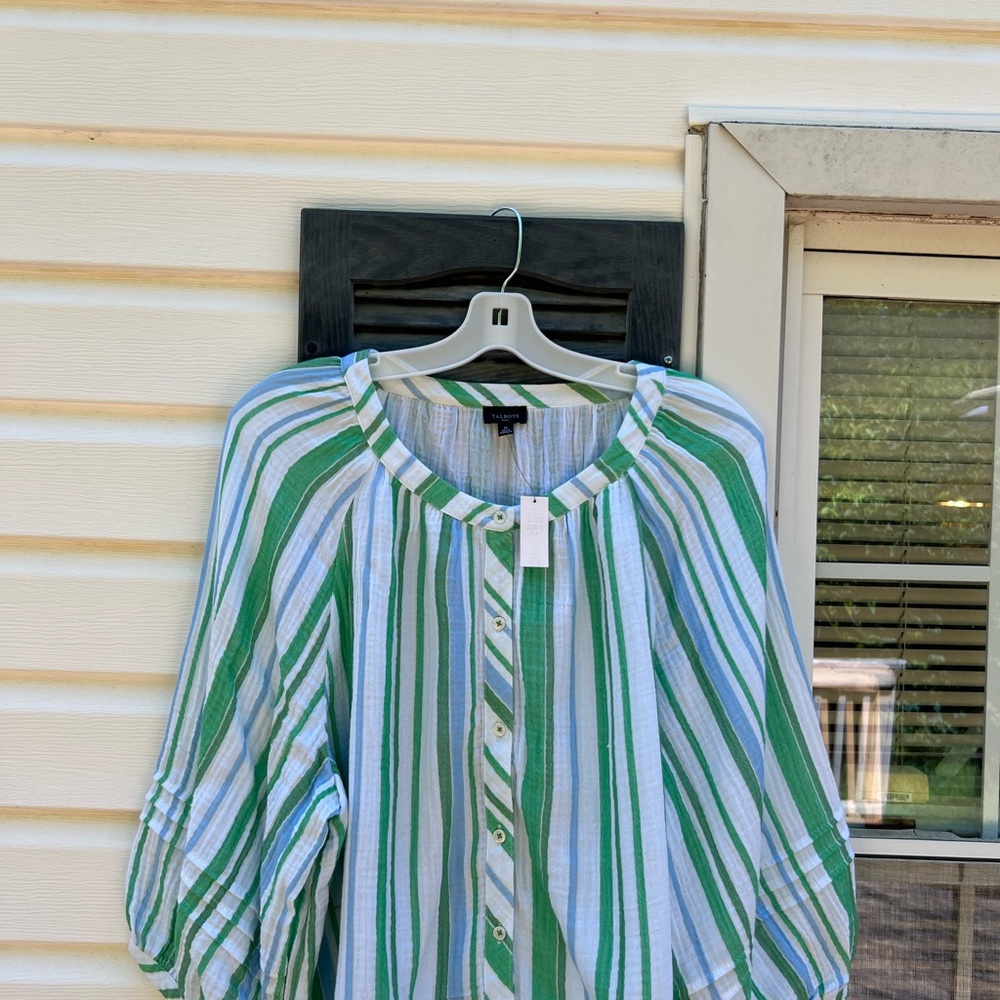 NWT Talbots Pretty Blue Green White Stripe Hem Pleats 3/4 Sleeve Blouse - Picture 2 of 5